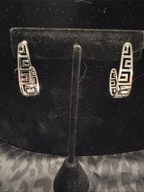 Silver Geometric Greek Key Hoop Earrings